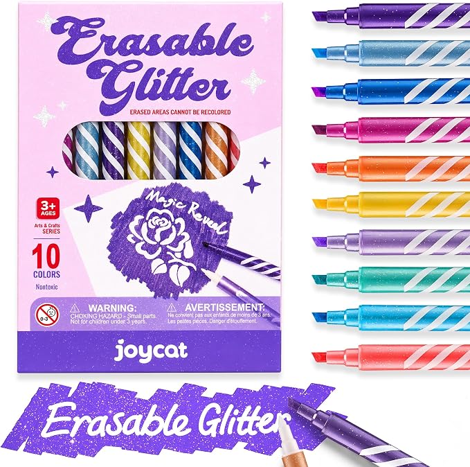 JoyCat 10-Color Erasable Glitter Markers for Kids, Dual Tip Sparkle Pens | Fun pens for kids use glitter color and white eraser tips to correct details, create highlights and reveal secret messages.