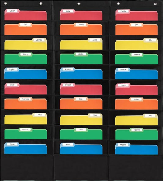 Essex Wares - 30 Pocket File Pocket Chart, Black, 42" Wide x 47" Tall - Versatile Wall Hanging File Folder Organizer for Classroom, Office, Home, and More - Wall Folder Organizer - 30 Pockets