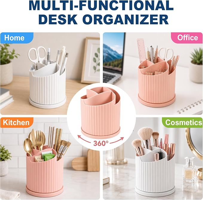 Desk Organizer, 360° Rotating Pen Holder with 5 Compartments, Pink | 5 Compartments, Pencil Cup, Storage Box Caddy, For Kids, Office, School, Home