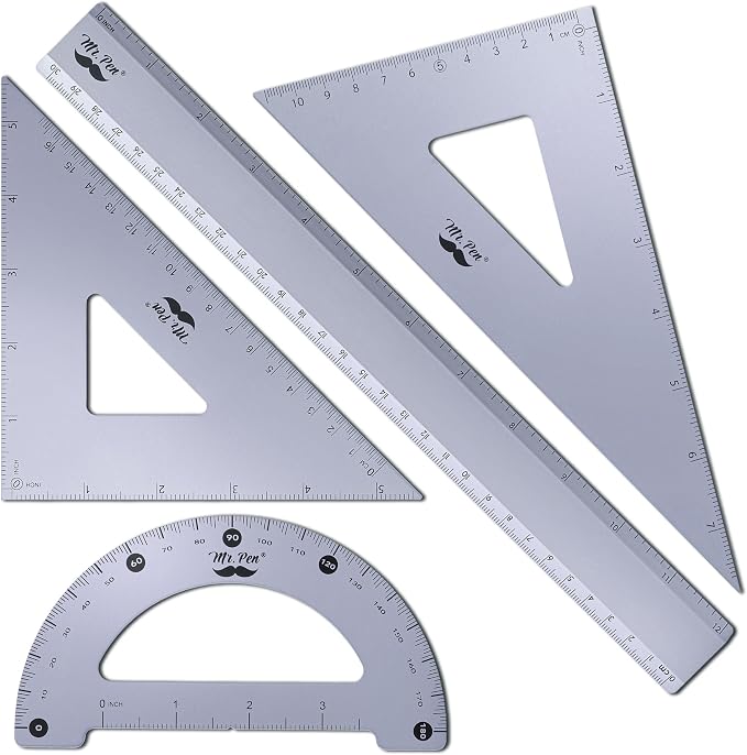 Mr. Pen- Metal Geometry Kit, 4 Pack, 45° & 30°/60° Set Squares | 6" Protractor & 12" Ruler, Durable Metal Drafting Tools for Technical Drawing, Math, Engineering & Architecture