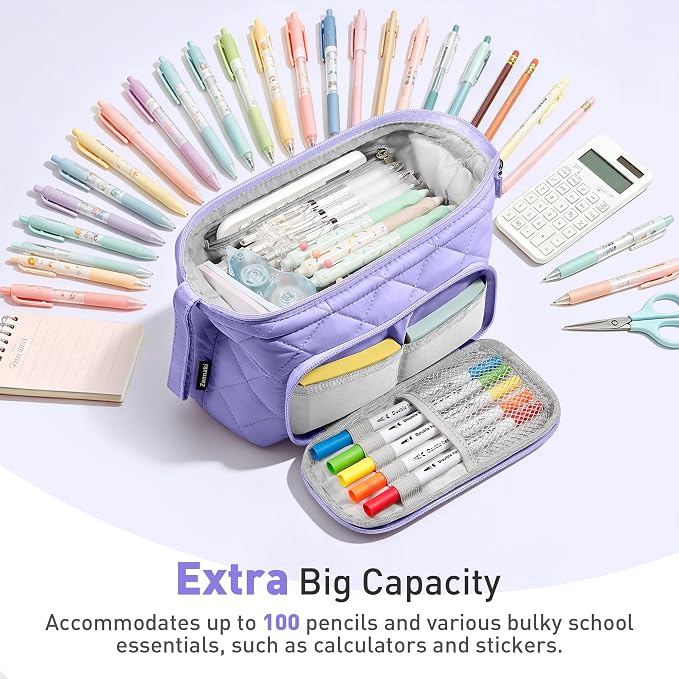 Zannaki Soft Quilted Large Pencil Pouch Organizer with Wide Opening for Boys Girls Teens - Extra Big Capacity Pen Pencil Bag with Zipper, Portable Pencil Case Box for School, College, Cosmetic Gift