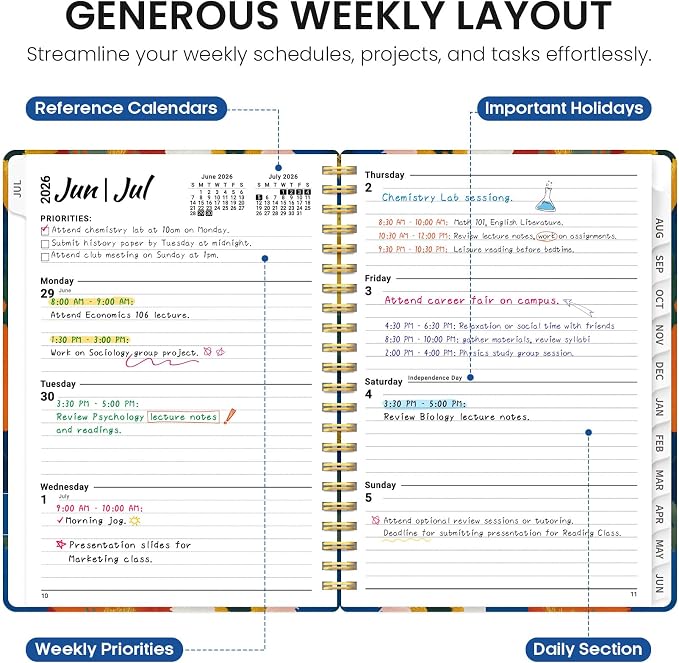 Planner 2026-2027, Academic Year Monthly and Weekly Calendar Planner, Jul 2026 - Jun 2027, Hardcover Teacher Student Planning Agenda book with Tabs, Perfect for School Office Supplies, 8.5" x 11" - Vivid Petals