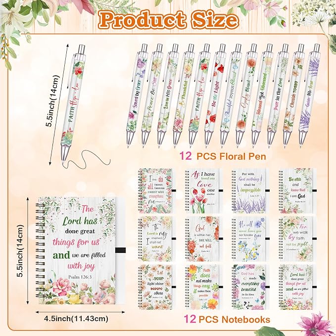 36 Pcs Christian Bulk Gifts for Women: Floral Small Journal Religious Gift | 12 Bible Verse Spiral Notebooks, 12 Scripture Pens, 12 Magnetic Bookmarks, Prayer Journal for Coworkers Teachers Students Men