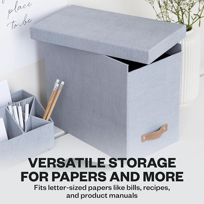 Bigso John File Box - File Storage Box and File Organizer for Important Paperwork - Durable Hanging File Box with Lid and Leather Handle - 7.36 in x 13.26 in x 10.51 in - Ash