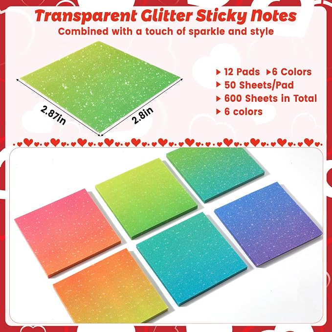 Gueevin 600 Sheets Transparent Sticky Notes 12 Pack Glitter Translucent Clear Sticky Notes Tabs Gradient 6 Color Frosted 2.9'' See Through Memo for Women Aesthetic Bible Journaling Office Supplies