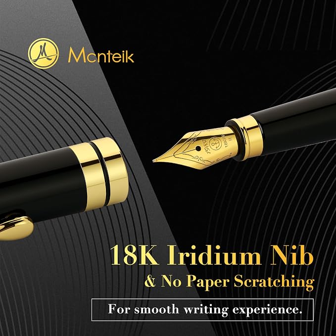 MCNTEIK Fountain Pen-Luxury Black and Gold Finish, 18K Gilded Nib(Medium), Smooth Ink Flow, Complete Set with 4 Black Ink Cartridges, Converter & Gift Box-Perfect Weight, Ideal for Office, Journaling