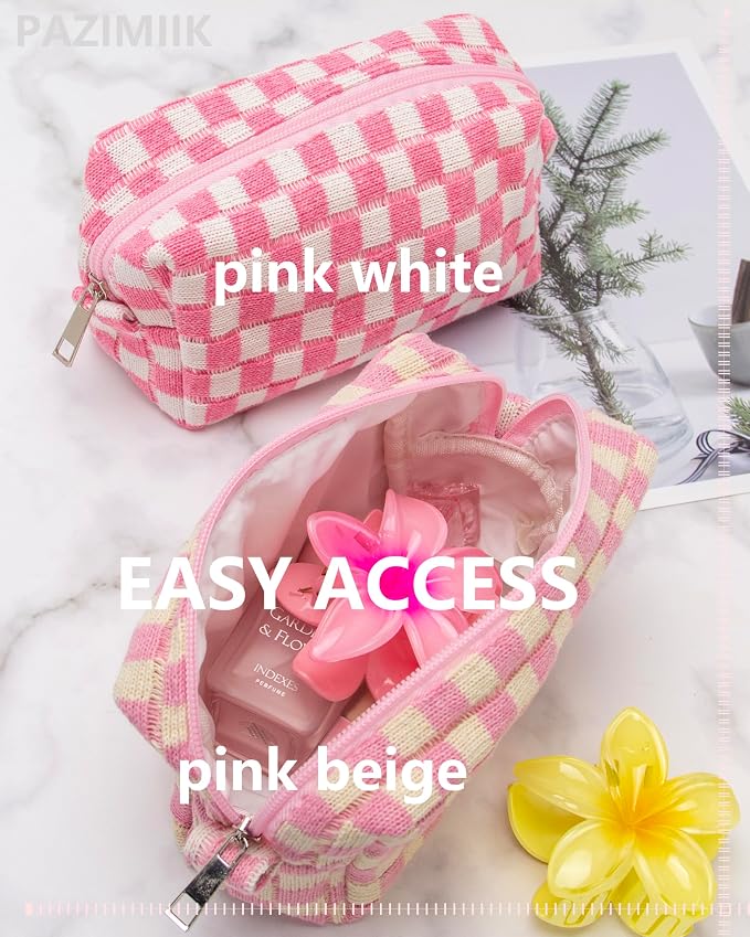 Checkered Makeup Bag for Purse, Small Cosmetic Pouch,Pink Beige,6 Pack | Cute Zipper Makeup Organizer for Women, Travel Essentials, Toiletries, Makeup Brushes, Beauty Accessories&Bridesmaid Gifts