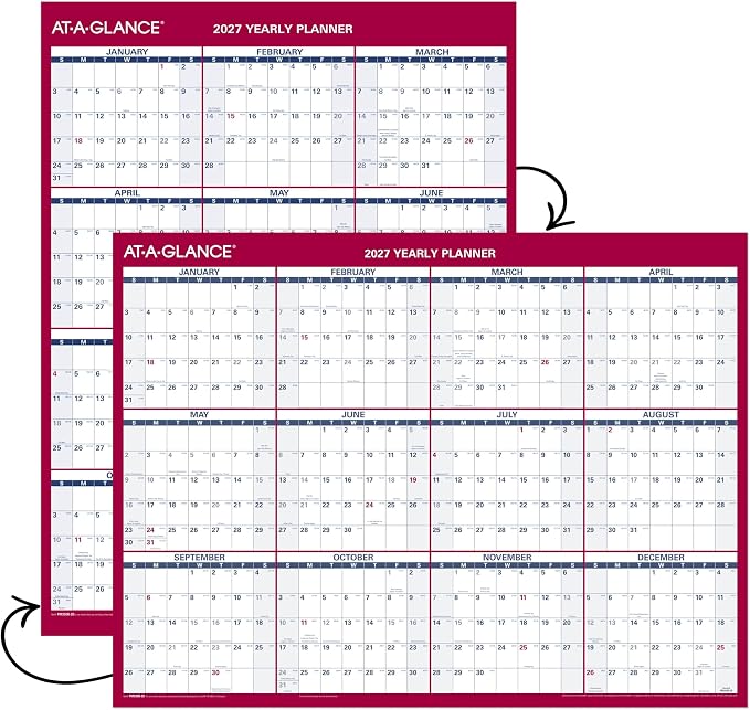 AT-A-GLANCE 2027 Erasable Calendar, Dry Erase Wall Planner, 12" x 16", Vertical-Horizontal, Reversible (PM330B2827)
