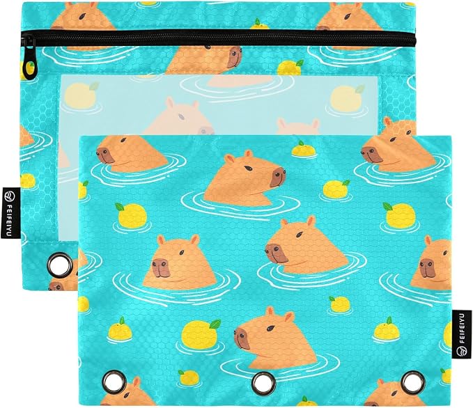 Gredecor Binder Pencil Pouch 3 Ring Cute Capybara Teal Zipper Pencil Pouches Case 2 Pack Clear Binder Organizer for School Office