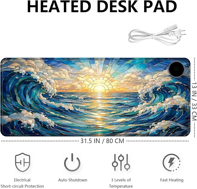 Large Heated Mouse Pad–31.5" x 13" Desk Mat for Office | 3 Adjustable Heat Levels,Auto Shut-Off After 3 Hours for Safety,Keeps Hands Warm While Working，Art Wave