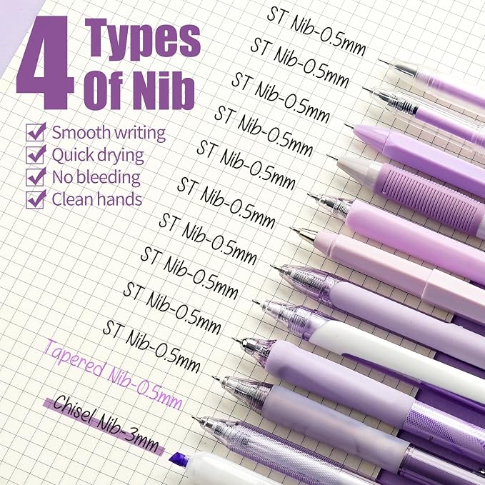 Four Candies Purple Pens, Black Gel Ink, Lavender - 12ct, 0.5mm Fine Point | School Supplies, Desk Accessories & Office Essentials for Women