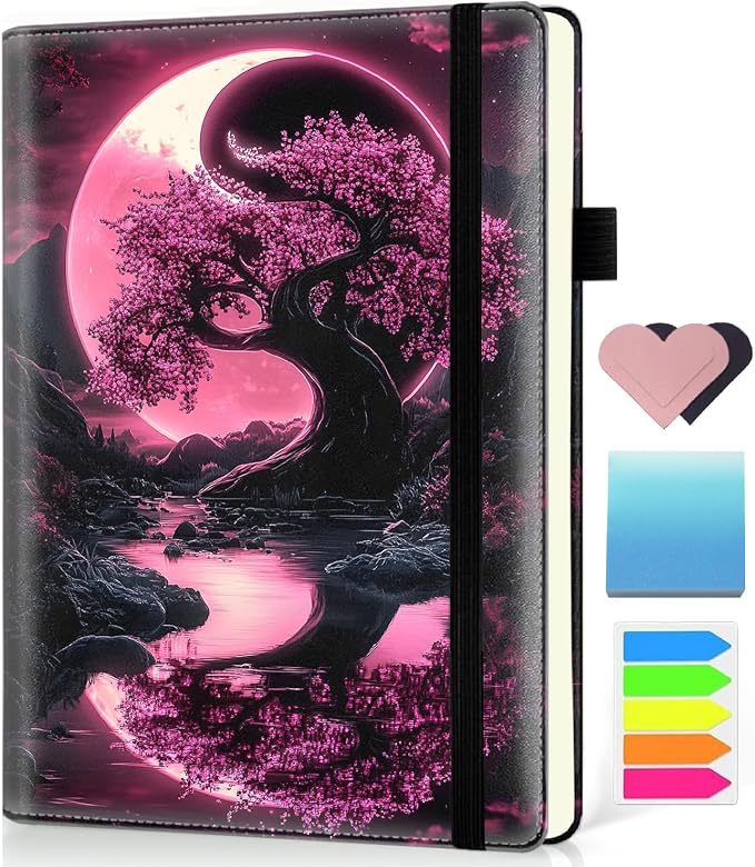 Hardcover Executive Notebooks, A5 PU Leather Lined Journal Notebook, 200 Pages Thick Paper Subject Notebooks for School,Work,Home Writing Business Notebook, Diary Book ，Yin and Yang Red Tree