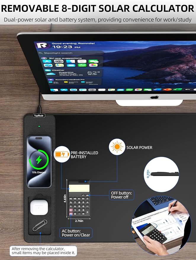 TopMade Mouse Pad with 15W Wireless Charging, Removable 8-Digit Solar Calculator, Exact Large Desk Pad, Waterproof Mousepad Home Office Desk Mat (Includes 20W PD Power Adapter & 6.56ft Woven Cable)
