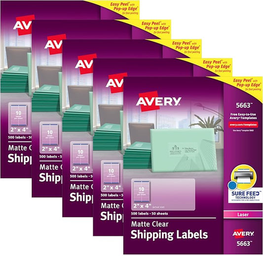 Avery Matte Frosted Clear Address Labels for Laser Printers, 2" x 4", 500 Labels, 5 Packs (5663)