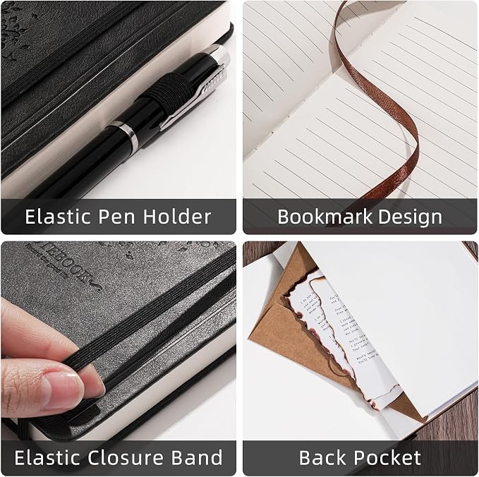 Lined Notebook with Gift Box for Women Men 320 Pages A5 Hardcover Leather with Pen Holder College Ruled Journals for Work Note Taking Travel School Black