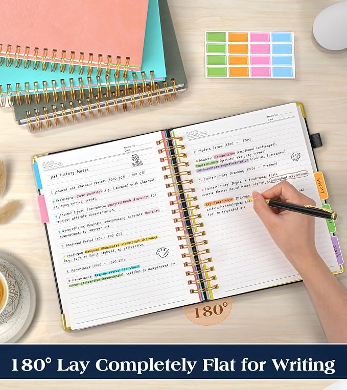 Spiral Notebook Journal with Removable Dividers Tabs, 300 Pages Hardcover Leather 5 Subject College Ruled Notebook, 8.5"x11" Large A4 Lined Journal for Women Men, Spiral Notebook for Work School,Black