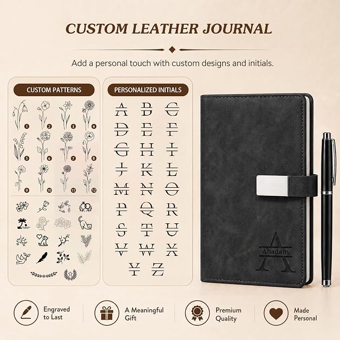 CRME Personalized Leather Journal with Pen and Gift Box,Custom Engraved Executive Notebook with Name,A5 Hardcover Lined Journal for Men Women,Personalized Notebook and Pen Set,Black
