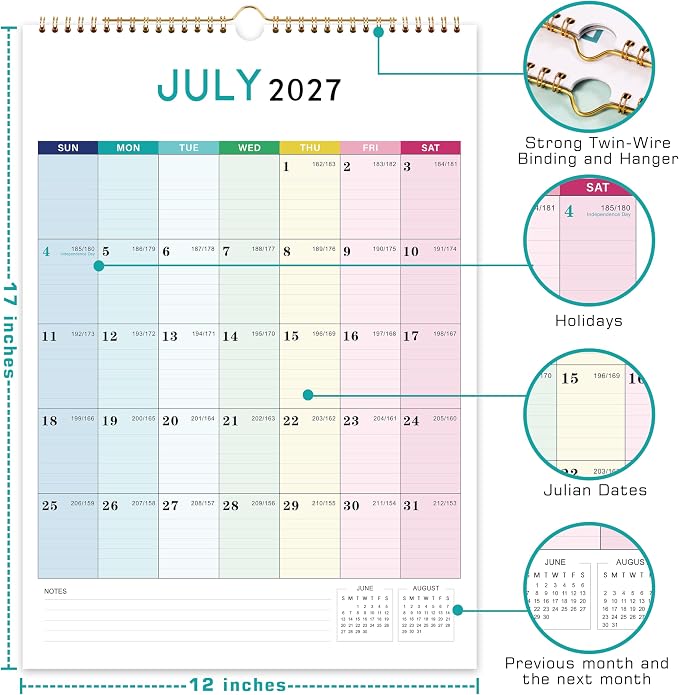 2027 Calendar - 2027 Wall Calendar, 12" x 17" | January 2027 - December 2027, 12 Monthly Calendar with Thick Paper, Hanging Hook - Colorful Lump