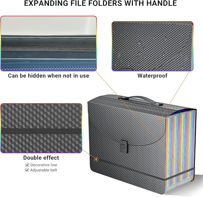 Expanding File Folders,Accordion File Organizer,25 Pockets Expandable File Folder with Plastic Handle,Portable Filing Box,Monthly Bill Receipt Paper and Document Organizer,Colored Tabs,A4/Letter Size
