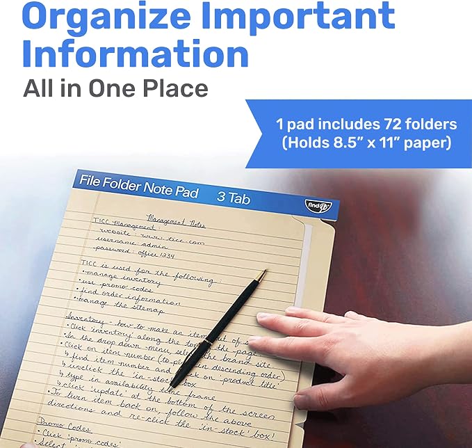 Find It File Folder Notepad - Pack of 72-9.5 x 12.5 Inch Notebook Organizer Folders for Filing, Document, and Clipboard Organization - Cream | Wide-ruled clipboard-style pages, front and back ruled, perforated tear-out sheets, office and school filing ...