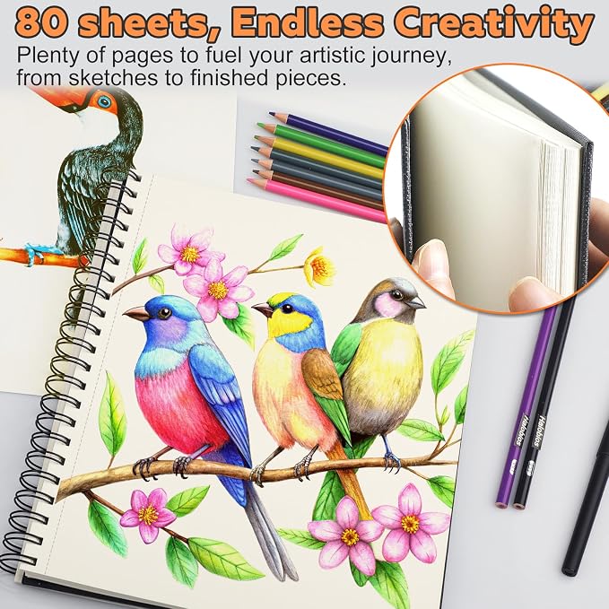 Joibabe Sketch Book 9" x 11"，2 Pack 80-Sheets (68lb/100gsm)，Double-Sided Hardbound Sketchbook, Spiral Bound,Acid Free Painting Art Paper for Kids and Adults