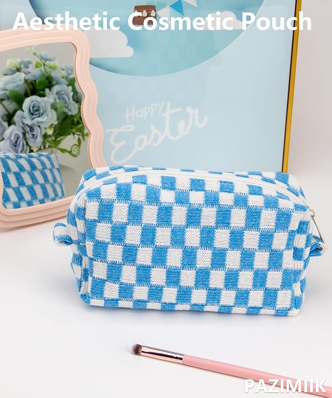 Checkered Makeup Bag for Purse, Small Travel Cosmetic Pouch,Sky Blue | Cute Zipper Makeup Organizer for Women, Travel Essentials, Toiletries, Makeup Brushes, Beauty Accessories&Bridesmaid Gifts