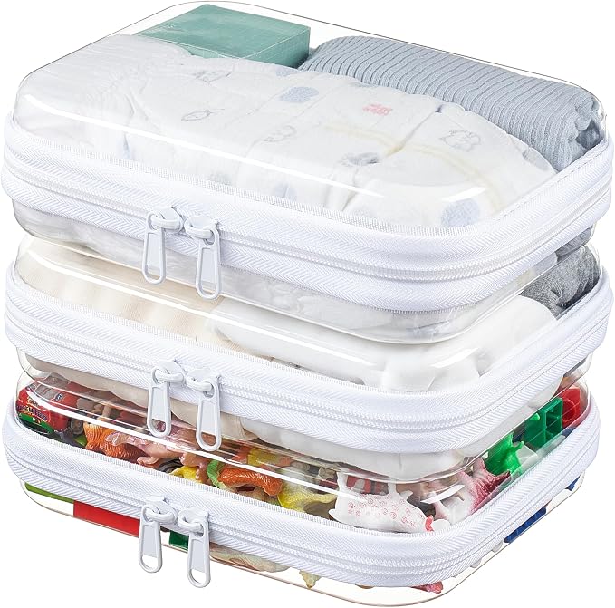 3-Pack Medium Clear Hard Shell Zipper Pouches, Clear Zipper Bags, Hard Case Pouches for Purse & Diaper Bag Organizer,and Travel Essentials (3M