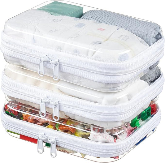 3-Pack Medium Clear Hard Shell Zipper Pouches, Clear Zipper Bags, Hard Case Pouches for Purse & Diaper Bag Organizer,and Travel Essentials (3M