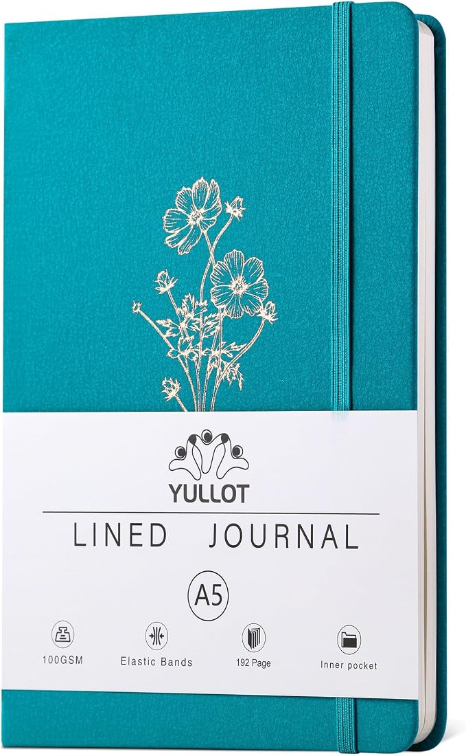 YULLOT Lined Journal Notebook –A5 PU Leather Hardcover Notebook, 100gsm Thick Bleedproof Paper with Inner Pocket – 192Pages Lined Writing Journal for Students Women Note Taking - Teal