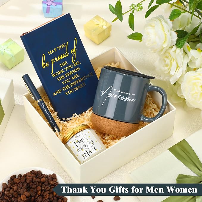 Sayglossy 4 Pcs Thank You Gifts Set for Men Back to School Teacher Appreciation Gift Leather Notebook Inspirational Coffee Mug Scented Candle Ballpoint Pen for Male Employee Coworker Nurse Boss, Blue