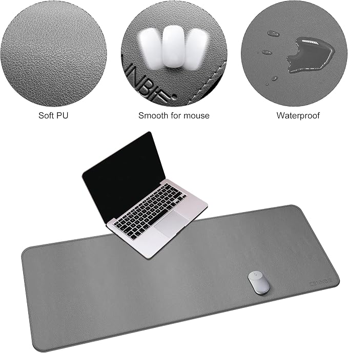 CENNBIE Leather Desk Mat, 55''x19.6'' Extra Large Desk Pad (Grey) | Premium stitched edges resist wear. Easy to clean. Protects desk from spills, stains ,scratches. Smooth glide. Office & home