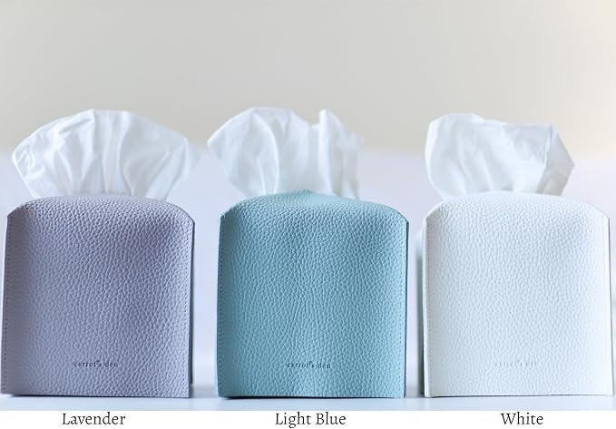 Tissue Box Cover Holder, Square with Bottom Belt by Carrot's Den - PU Leather Decorative Organizer for Tabletop, Bathroom, Car, Office (Light Blue)