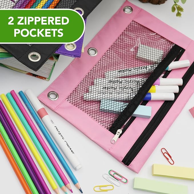 Pencil Pouch for 3 Ring Binder, Heavy Duty Canvas Dual Zipper Pen Bag with Clear Window, Smooth Metal Zipper, Fit Standard 3-Ring Binders for School Office Travel Supplies (Pink)