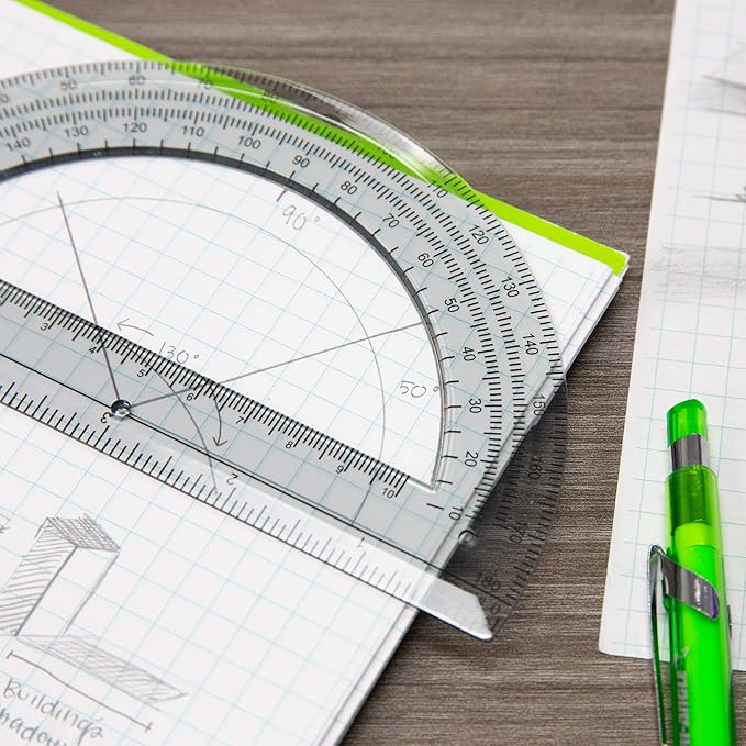 BAZIC Protractor Semicircular 6 Inch 180 Degrees, Plastic Math Protractors, Geometry Measuring Rulers Set, Clear Ruler for Students, 1-Pack | clear semicircular protractor; 6 in and 180 degrees; measures and draws angles for geometry and math