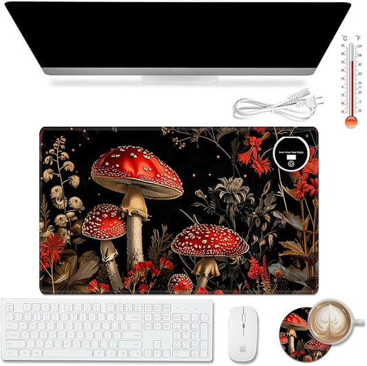 Heated Desk Pad Mouse Pad,Heated Desk Mat,with 3 Heating Levels & 3 Hours Auto Shut-Off,Leather 23.6"*14.2" Gaming Mouse Laptop Mat,Foot Warmer,Red Mushroom Forest