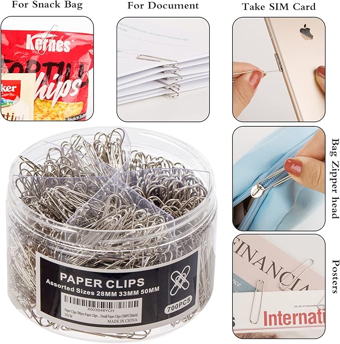 Wakawaga 700pcs Paper Clips Assorted Sizes Large (700PCS) | Assorted 3 Sizes Sturdy Metal Divided Box Great Value Office School Docs Snacks Daily Use