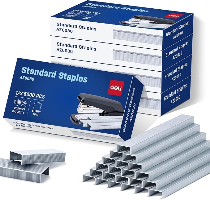 Deli Staples, 25000 Staples, 1/4'' Length, 210/Strip, 5 Boxes of 5000 Each | Standard Staple for Desktop Staplers