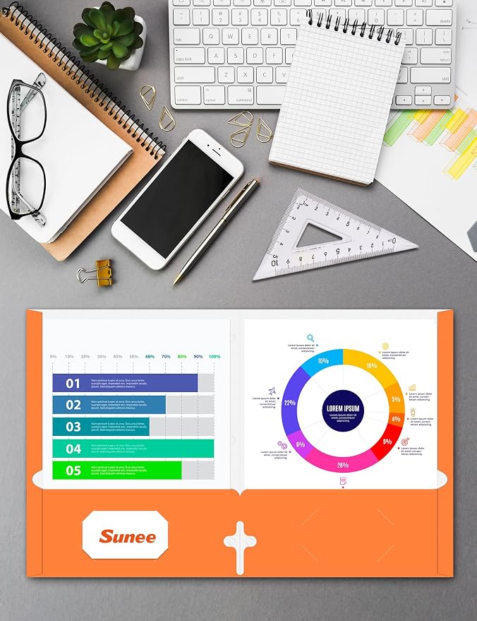 SUNEE Two Pocket Folders, 50 Pack File Folders with Business Card Slot, Textured Paper, Fit Letter Size Paper, Paper File Folder for School Office Home Business, Orange