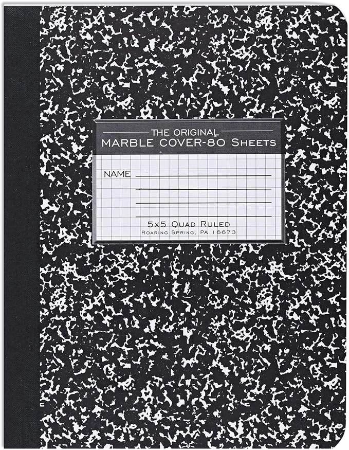 ROARING SPRING Hard Cover Composition Notebook, Black Marble Comp Book, 9.75″ x 7.5″, 5x5 Grid Graph Ruled, 80 Sheets (160 Pages), Made in USA