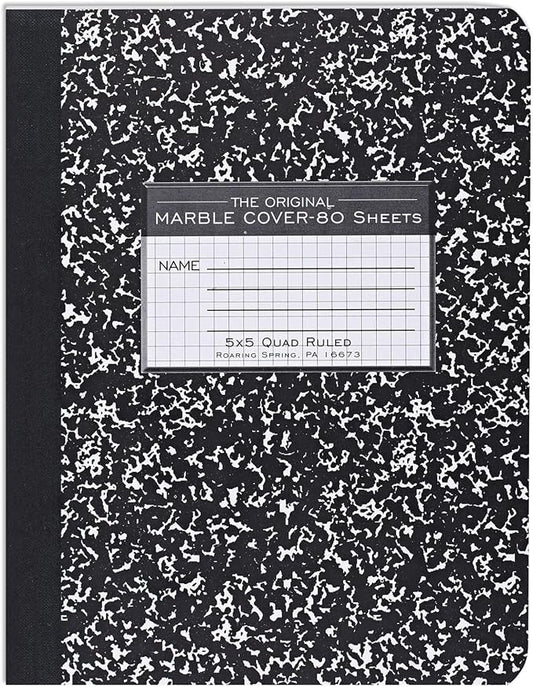 ROARING SPRING Hard Cover Composition Notebook, Black Marble Comp Book, 9.75″ x 7.5″, 5x5 Grid Graph Ruled, 80 Sheets (160 Pages), Made in USA