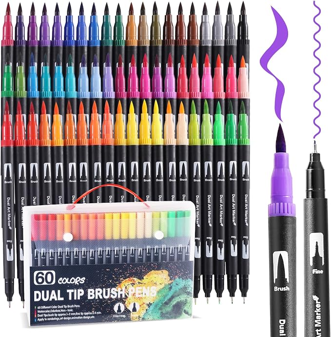 TOSHARE 60 Colors Brush & Fine Dual Tip Watercolor Markers for Adult Coloring Books No Bleeding Paint Pens For Drawing Note Taking Planner Calligraphy Journaling Card Making Back-to-School Supplies