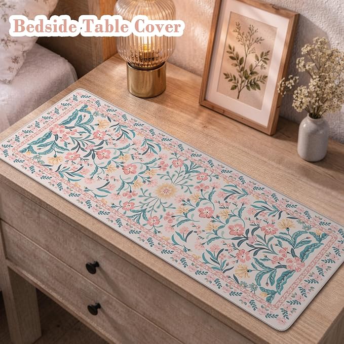 iCasso Aesthetic Floral Desk Mat, L Mouse Pads, Anti-Slip Mousepad with Stitched Edges, Waterproof Computer Pad 11.8"x31.5", Desk Accessories Office Decor for Women(Pink Floral)