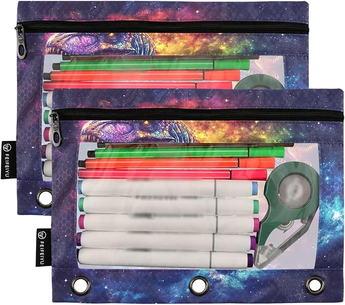 Galaxy Dinosaur T. Rex Binder Pouches 3 Ring for Boys Girls School Office College Supplies Space Dino Stars Tyrannosaurus Rex Nebula Pencil Pouches Case Bag with Clear Window and Zipper 2 Pack