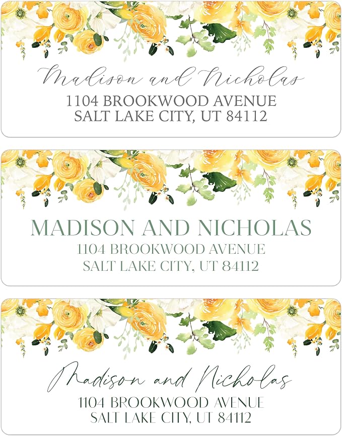 Return Address Labels Personalized with Your Choice of 30 Flower Styles - Choose Font and Font Color or Add Custom Text - Perfect for Wedding Envelopes (027 Yellow Flowers)