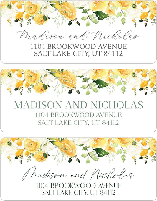 Return Address Labels Personalized with Your Choice of 30 Flower Styles - Choose Font and Font Color or Add Custom Text - Perfect for Wedding Envelopes (027 Yellow Flowers)