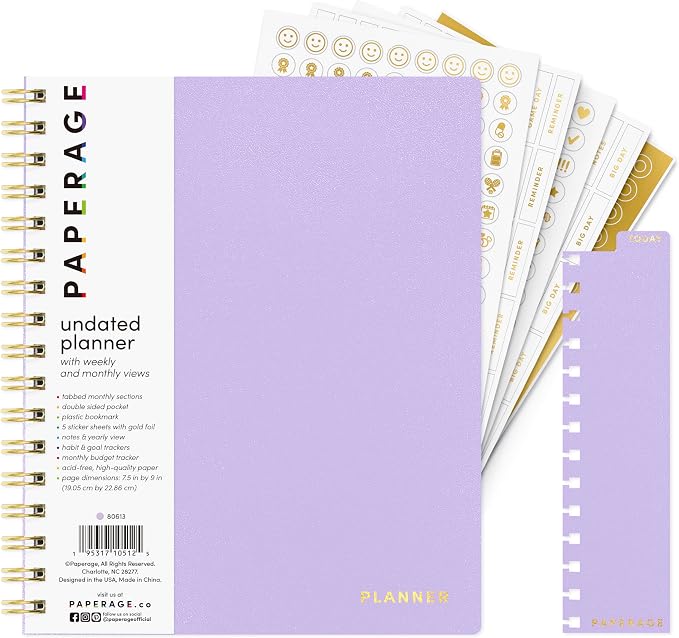 PAPERAGE Undated 12 Month Weekly & Monthly Planner with Durable Cover & Spiral Binding, 7.5 in x 9 in, Productivity Planner with Note Pages, Goals & Budget Trackers, Stickers & Bookmark (Lavender)