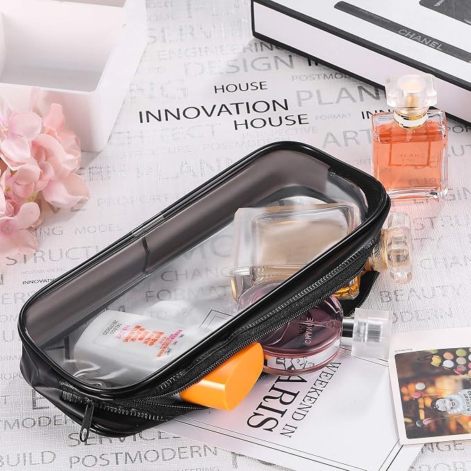 Tatuo 4 Pieces Clear PVC Bags Big Capacity Zipper Pencil Pouch Case Travel Luggage Makeup Cosmetic Bag(Black and White)