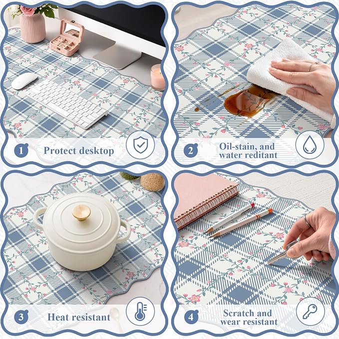 iCasso Leather Scalloped Checkered Mouse Pads for Desk, Aesthetic Floral Computer Mat, Back to School XXL Desk Mat for Keyboard and Mouse, Mousepad with Stitched Edges, Keyboard Pad(Light Blue)