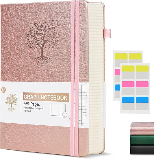 Ansopu Graph Paper Notebook Journal, 360 Numbered Pages Grid Notebooks, Thick 100gsm Graphing Paper Notebook Journals for Women Men, B5 Large Hardcover Leather Graph Notebook 7.6'' X 10'' Pink