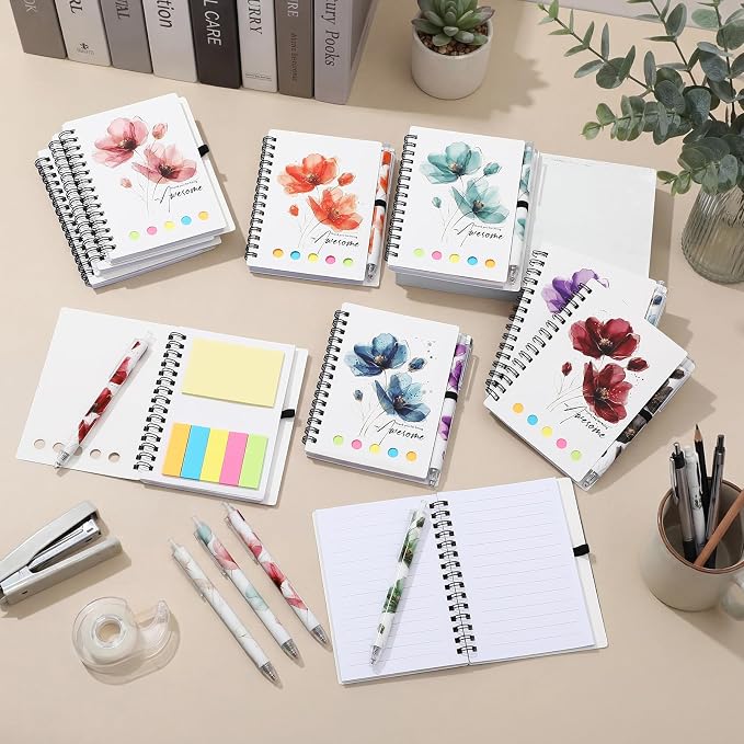 Chuangdi 10 Sets Back to School Teacher Gifts Bulk Inspirational Spiral Notebook with Sticky Note Motivational Pen Appreciation Gifts for Employee Team Staff Coworker (Floral,Watercolor)